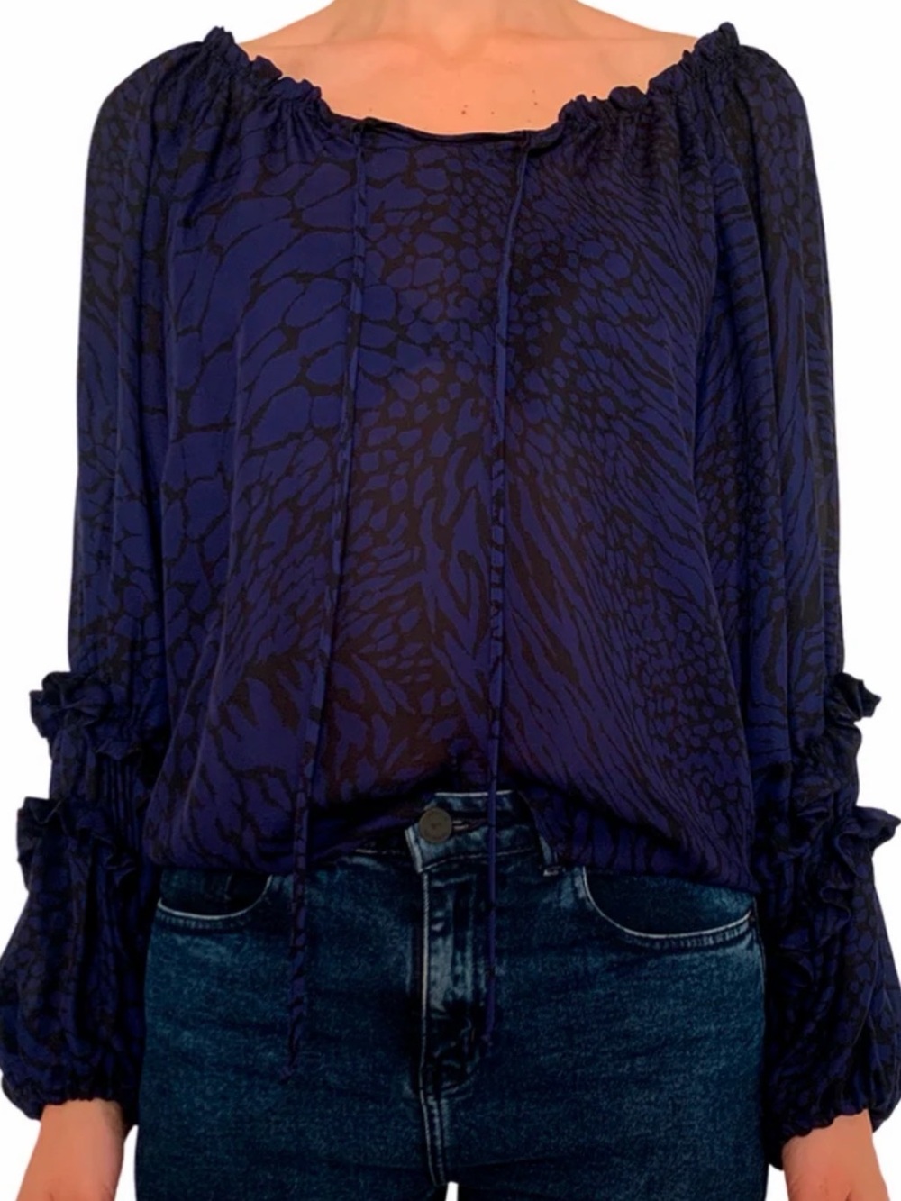 Parker Baloon Sleeves Blouse 100% Silk Blue Purple Size Small